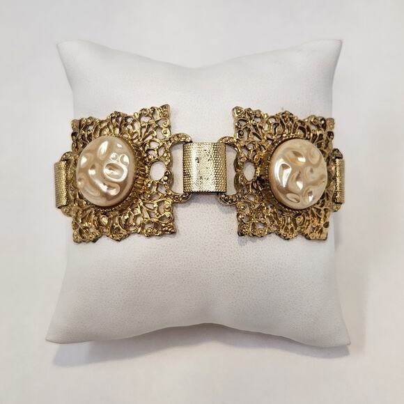 Filigree Gold Tone Panel Link Bracelet Faux Pearl Chunky Ornate Statement Retro - Picture 1 of 6